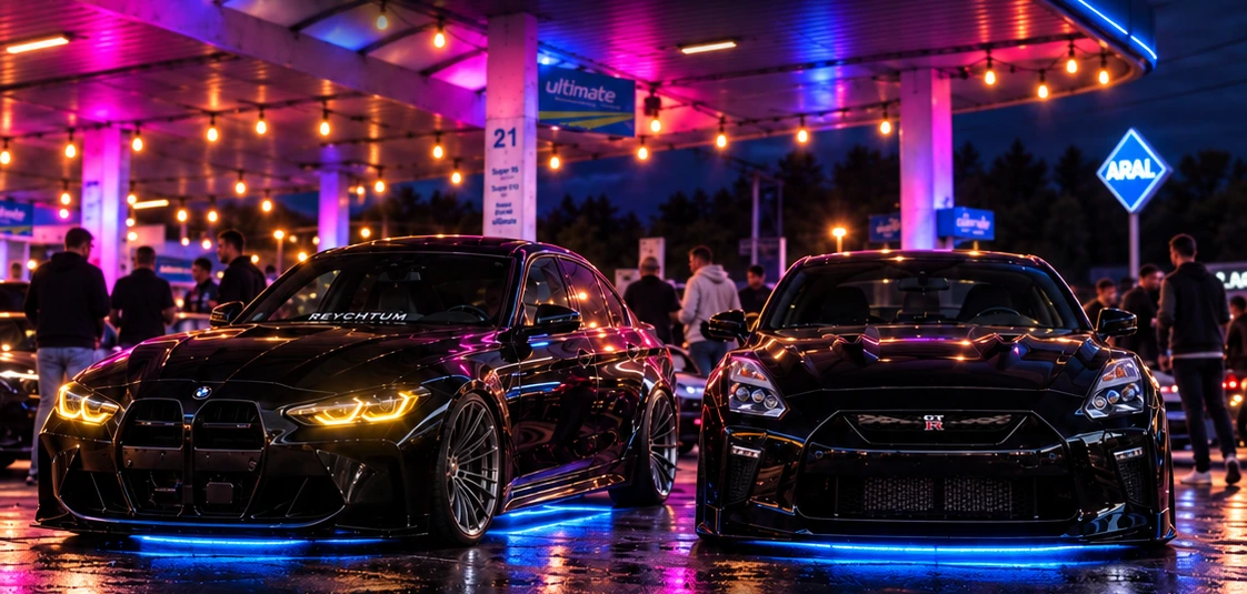 Showcars unter dem Tankstellendach